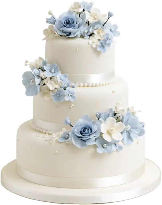 Tort alb de botez pe trei etaje cu flori bleu