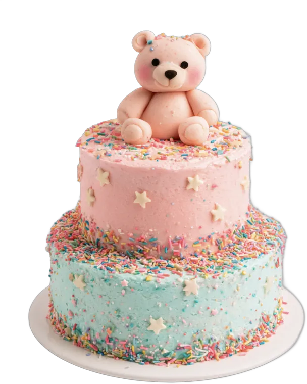 Tort pe două etaje, roz și bleu, cu ursuleț din fondant