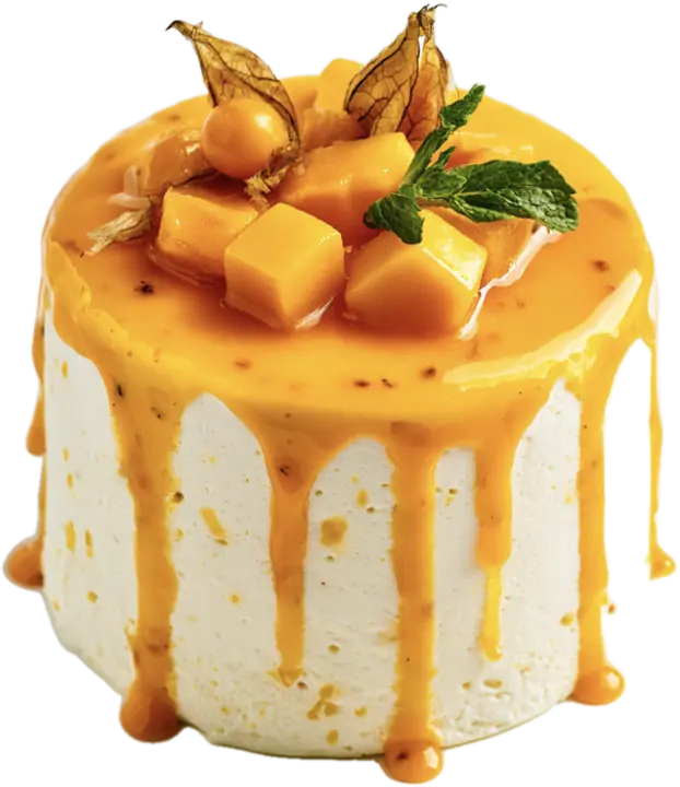 Tort alb cu glazură de mango și felii de mango